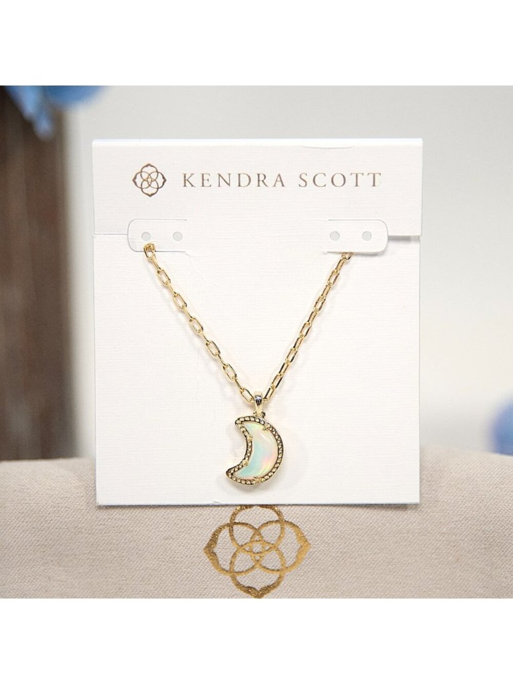 Kendra Scott Moon Iridescent Kyocera Opal Gold Pendant Station Necklace NWT